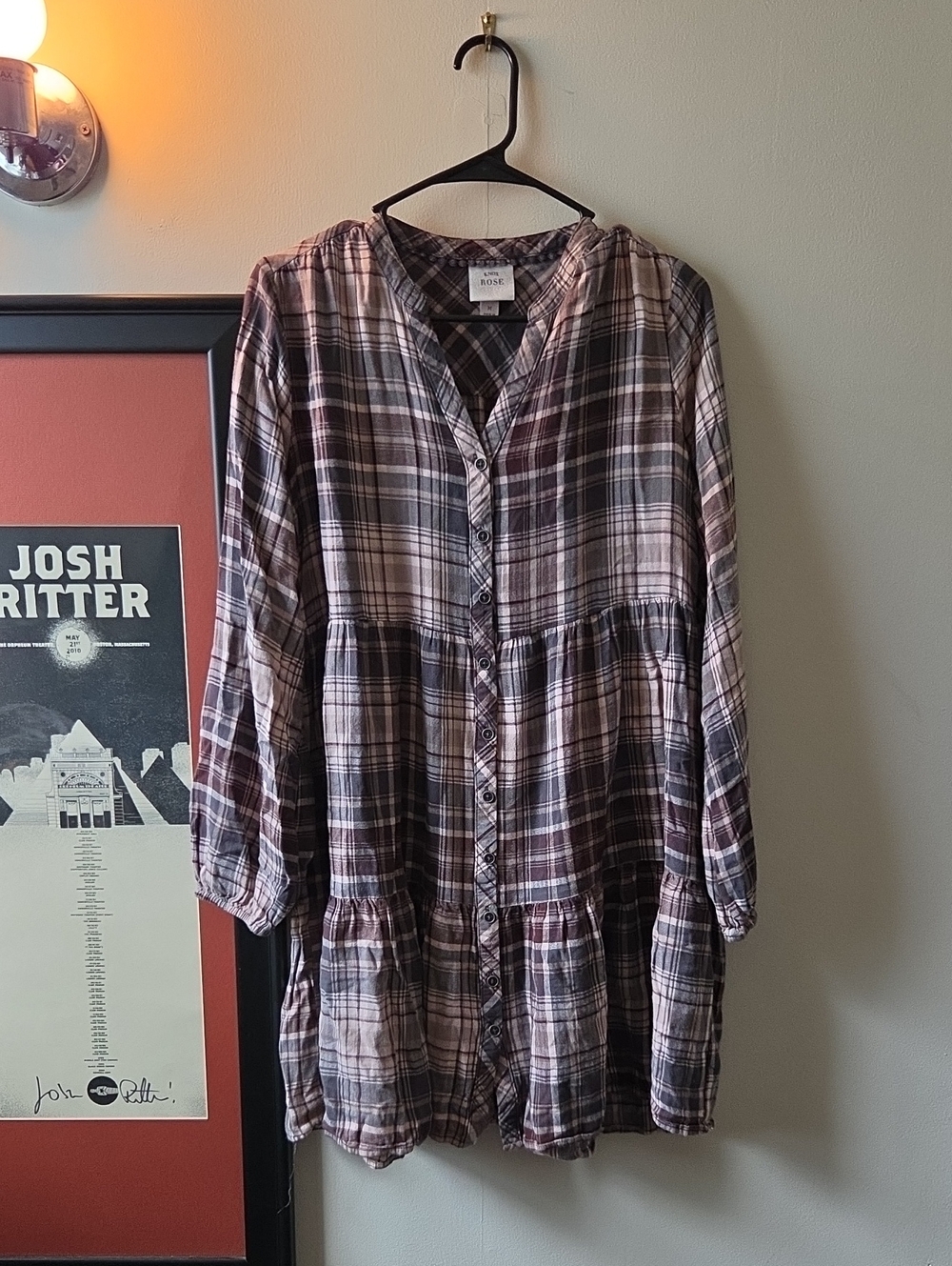 Knox Rose Mauve and Brown Plaid Button-Front Tiered Dress